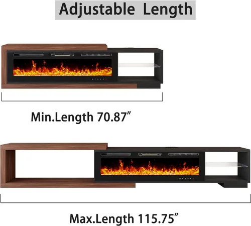 Miniatura 8 de Soporte de TV extensible con chimenea eléctrica de 71 a 116 pulgadas, moderno centro de entretenimiento con luces LED y toma de corriente para TV
