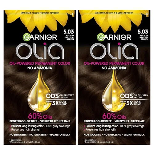 Garnier Olia - Tinte permanente para el cabello sin amoníaco, color brillante, rico en aceite, en tono 5.03 marrón neutro medio, 2 unidades (el