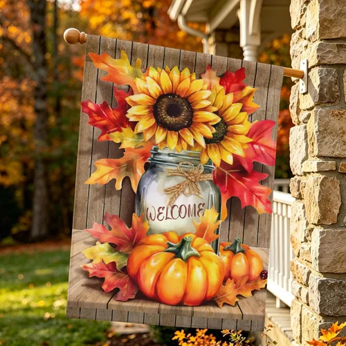 Miniatura 7 de Fall Garden Flags Thanksgiving Sunflower Pumpkin Printing House Flag Welcome Autumn Maple Leaves Yard Flags for Outside Mason Jar Pattern Floral