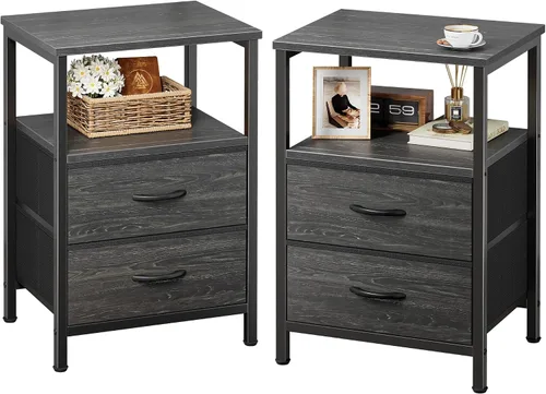 Miniatura 11 de Huuger Mesita de noche con 2 cajones, mesa auxiliar de cama con estante abierto, parte superior de madera, mesita de noche para dormitorio, mesa