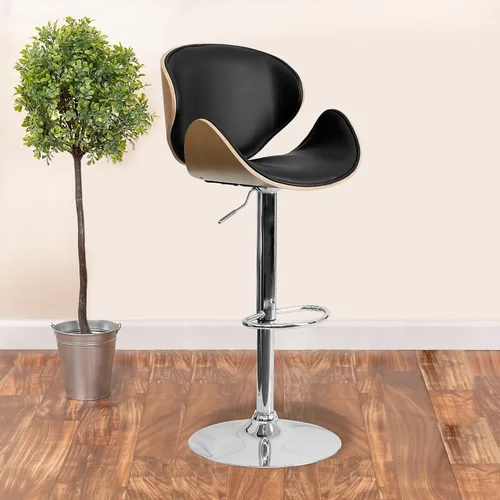 Miniatura 2 de Taburete de bar Flash Furniture de madera de haya con altura ajustable y asiento y respaldo de vinilo negro curvado, Espuma Madera Vinilo, Hayedo