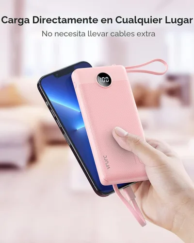 Miniatura 8 de VRURC Cargador portátil, batería de viaje compacta con 4 cables integrados de 10000 mAh, banco de carga USB C con pantalla LED, batería de viaje