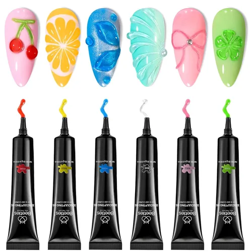 Beetles Gel Escultor 3D Gel para Arte de Uñas - 6 Colores Esmalte de Uñas Sin Limpieza Pegamento para Arte de Uñas con Pedrería para Dibujar Moldear