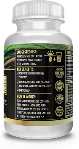 Miniatura 3 de Actif Ginseng americano - 100% auténtico ginseng de 10 años, sin OMG, 500 mg - Fabricado en Estados Unidos