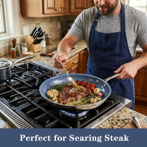 Miniatura 4 de Sartén antiadherente de acero inoxidable, sartén de 10 pulgadas con revestimiento cerámico saludable y no tóxico con tapa, funciona en cocinas
