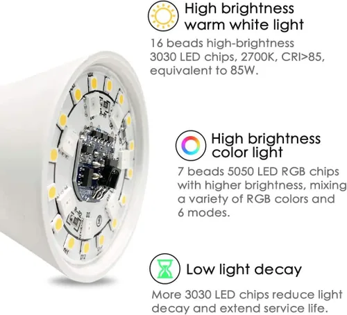 Miniatura 5 de Yangcsl Bombilla LED equivalente a 85 W, bombilla RGB que cambia de color, 6 estados de ánimo, memoria, sincronización, regulable, base de tornillo