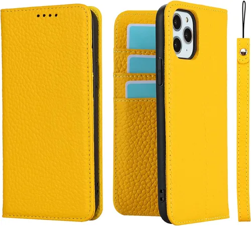 Miniatura 15 de iCoverCase Compatible con iPhone 11 Pro Max, funda magnética de piel auténtica con bloqueo RFID, correa para la muñeca y ranuras para tarjetas