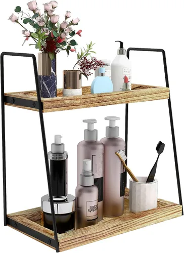Miniatura 8 de Dorhors Organizador de encimera de baño de 2 niveles, organizador de tocador para encimera de baño, estante de madera para cocina (negro)