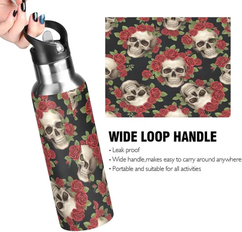 Miniatura 4 de Skulls Vibrant Red Roses Stainless Steel Vacuum Insulated Water Bottle 20 Oz Leakproof Water Bottles, BPA-Free Sport Water Bottle Insulated