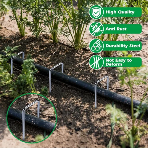Miniatura 5 de Paquete de 100 grapas de paisaje, estacas de jardín de acero galvanizado de calibre 8 de 6 pulgadas, pasadores de paisaje, grapas de césped