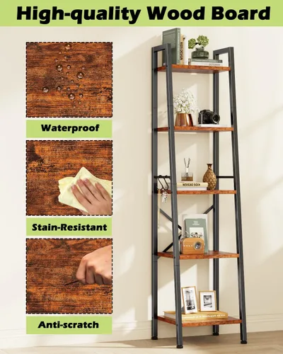 Miniatura 8 de Furologee Estantería de escalera de 5 niveles, estantería alta y estrecha con 2 ganchos, estante de esquina de baño marrón rústico, estante