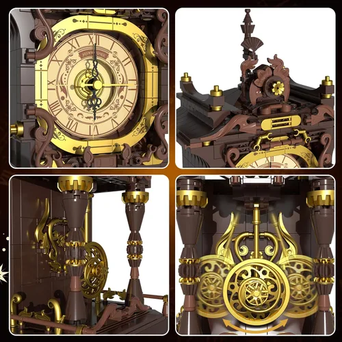 Miniatura 4 de Juego de bloques de construcción de reloj de péndulo vintage, péndulo móvil que funciona realmente y esfera giratoria, juguetes de bloques