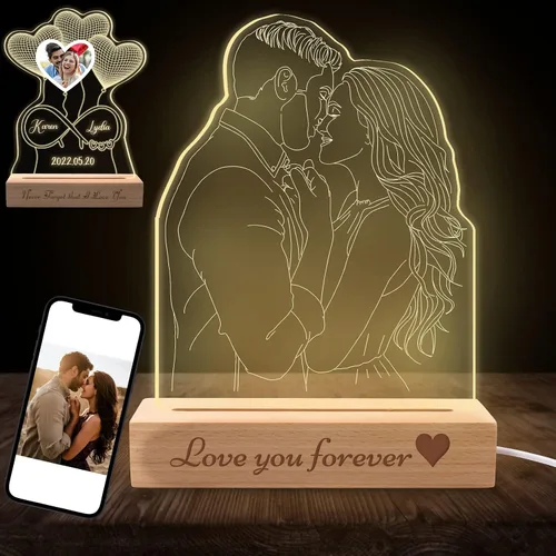 Lámpara de fotos personalizada de ilusión de retrato 3D, placa grabada con imagen personalizada, luz nocturna con base de madera, lámpara LED