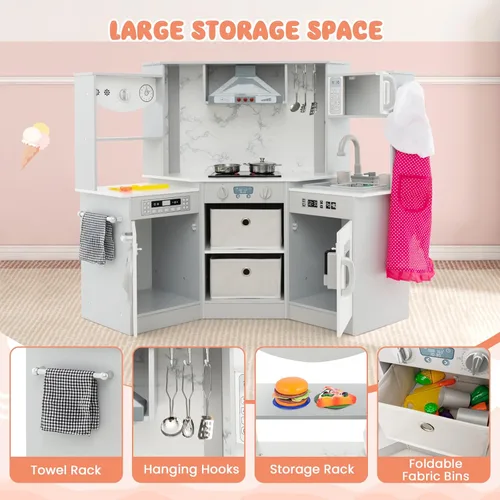 Miniatura 6 de INFANS Juego de Cocina de Esquina para Niños, Set de Cocina de Madera de Juguete para Niños Pequeños con Circulación Real de Agua Corriente, Luz