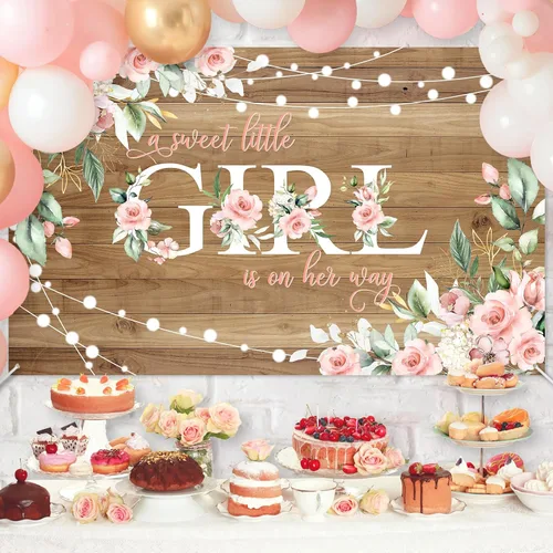 Miniatura 3 de Avezano Cartel rústico para baby shower con texto en inglés "A Sweet Little Girl is on Her Way", decoración de fiesta de baby shower, pancarta