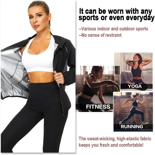 Miniatura 5 de NINGMI Traje de sauna para mujer, chaquetas de sudor, camisa de entrenamiento, manga larga, adelgazante, con cremallera, moldeador de cuerpo