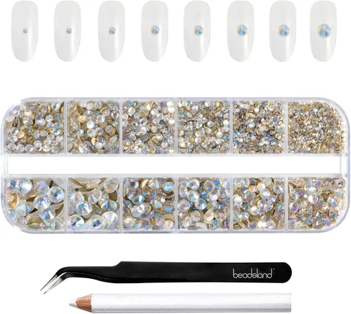 Miniatura 12 de Beadsland Diamantes de imitación para maquillaje, 8 tamaños, 2500 unidades de diamantes de imitación de cristal con parte trasera plana, gemas