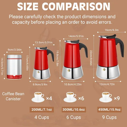 Miniatura 3 de Olla de moka de 6 tazas (300 g) para espresso en cocina, olla de acero inoxidable 304, compatible con inducción, roja Rojo