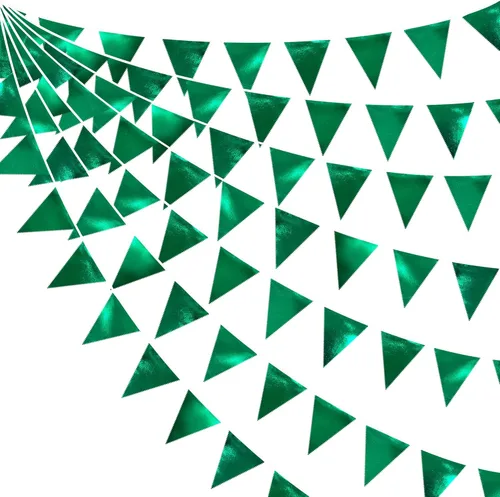 Miniatura 37 de Decoración de fiesta iridiscente de 33 pies, tela holográfica, banderín triangular, banderín de algodón, guirnalda de banderines para cumpleaños