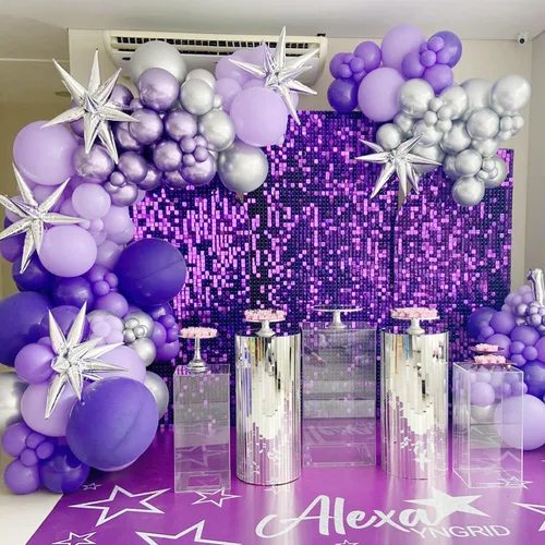 Miniatura 7 de COKAOBE Fondo de pared con brillo morado, 24 paneles cuadrados de lentejuelas brillantes, fondos de fotos para cumpleaños, aniversario, boda, Púrpura