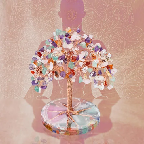 Miniatura 2 de ZenBless Árbol de Piedras de Cristales Curativos de 7 Chakras, Hoja de Piedra de Cristal Colorida Envuelta con Alambre sobre Base de Rodaja de Ágata