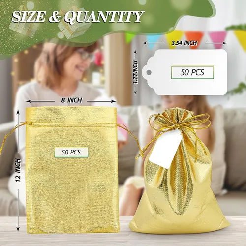 Miniatura 2 de DOYIDE 50 bolsas de regalo con cordón dorado, bolsas de joyería de 8 x 12 pulgadas, bolsas con cordón, bolsas brillantes para recuerdos de fiesta