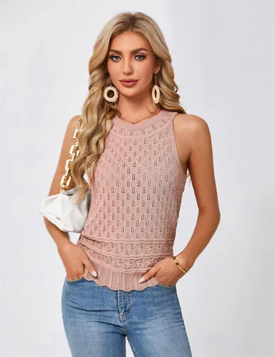 Miniatura 3 de JASAMBAC Suéter sin mangas para mujer, cuello redondo, ahuecado, elástico, recortado, suéter de punto