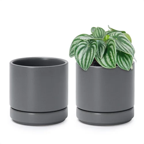 Miniatura 11 de D'vine Dev - Juego de 2 macetas de plantas de 3.5 pulgadas, maceta de cerámica para plantas con agujero de drenaje y platillo, negra, 94-V-A-2