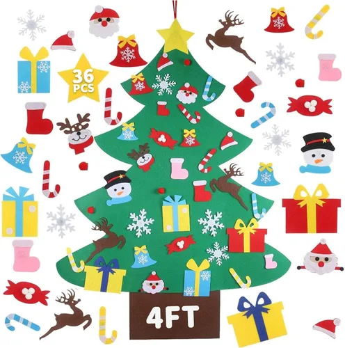 Juego de árbol de Navidad de fieltro de 4 pies con 36 adornos – Árbol de Navidad de fieltro para colgar en la pared para niños pequeños, decoración
