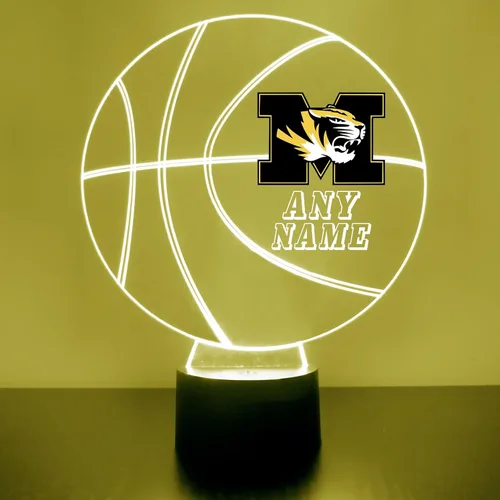 Lámpara de luz nocturna personalizada de la Universidad de Missouri (Mizzou) Tigers con bola de baloncesto y logotipo, letrero LED con control