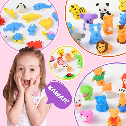 Miniatura 6 de Kaemi 120 borradores de animales para niños, escritorio, mascotas, borradores 3D a granel, desarmables, rompecabezas de lápices, juguetes para Goma