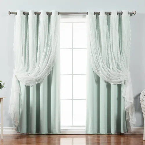 Best Home Fashion, juego de cortinas de 4 unidades para combinar, tul con lunares y pieza tipo blackout lisa, con arandela de bronce antigua en la