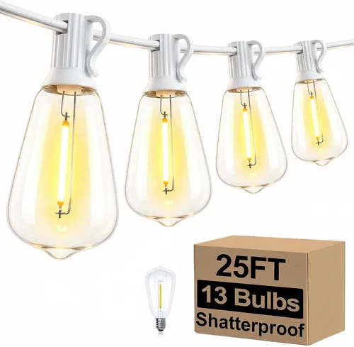 Brightever Luces de Cadena para Exteriores de 25 Pies, Luces de Patio ST38 con 13 Bombillas Edison, Luces Colgantes Impermeables Conectables para