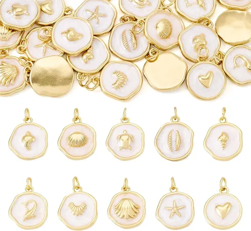 Miniatura 11 de Cheriswelry 12 dijes celestiales chapados en oro de 18 quilates con diseño de estrella, sol, luna, planos, redondos, esmaltados, colgantes, adornos