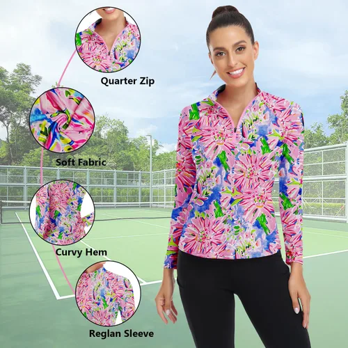 Miniatura 86 de WOWENY Camiseta deportiva de manga larga para mujer, con cremallera de un cuarto, cuello para entrenamiento, camiseta de tenis con estampado