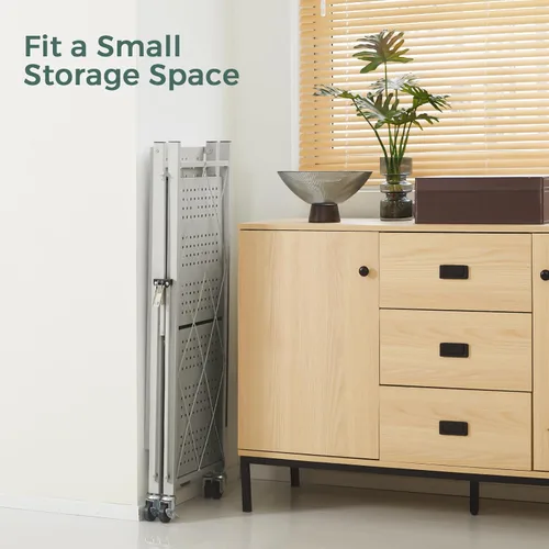 Miniatura 7 de DEANIC Estantes de almacenamiento plegables de 3 niveles con ruedas, soporte para electrodomésticos de cocina, estante de alambre de metal Gris