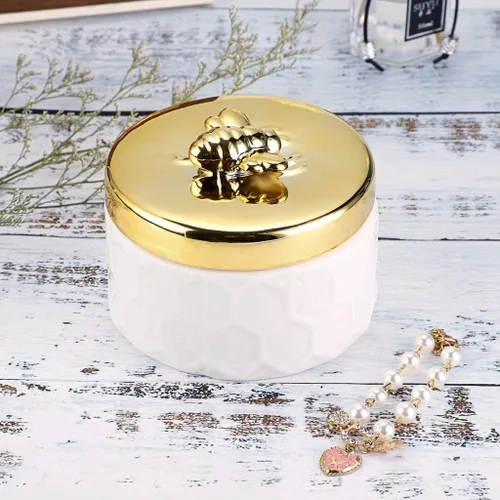Miniatura 7 de Hipiwe Joyero de cerámica con tapa de abeja dorada, organizador de exhibición de joyas pequeño, contenedor de almacenamiento para decoración