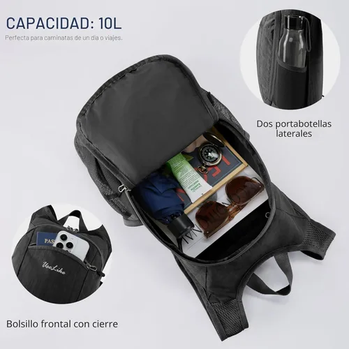 Miniatura 5 de Uselike 10L Mochila pequeña de senderismo para viajes, mochila de día plegable, ligera y compacta para mujeres y hombres, Negro, Pequeño, Compacto
