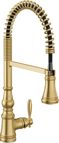 Moen WeymouthBrushed Gold S73104BG - Grifo de cocina con resorte de preenjuague de un mango con refuerzo de potencia para una limpieza más rápida,