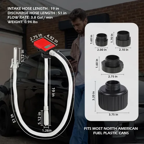 Miniatura 6 de Bomba de transferencia de combustible con parada automática, funciona con pilas AA, bomba eléctrica portátil de tanque de lata de gas con adaptador