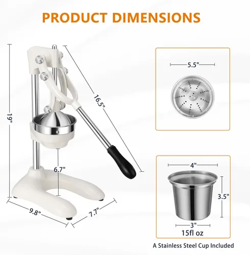 Miniatura 5 de TONGCHANT Exprimidor de hierro fundido, prensa de cítricos resistente de 19 pulgadas de alto con doble patrón Exprimidor manual para naranja limón