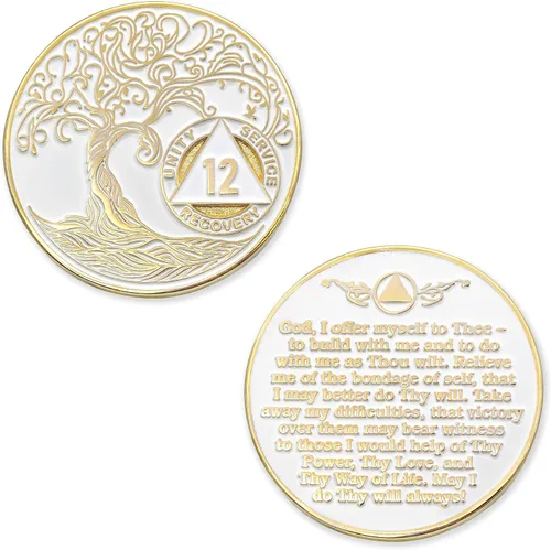 Miniatura 3 de 12 años Sobriety Mint Twisted Tree of Life - Medallón de recuperación AA/NA chapado en oro, fichas y fichas, color blanco