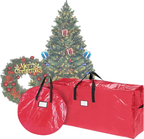 Elf Stor - Juego de bolsas de almacenamiento para corona y árbol de Navidad, bolsas con cremallera para proteger árboles artificiales de 9 pies y