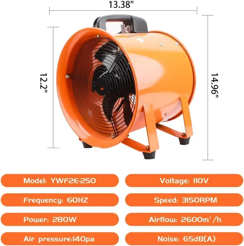 Miniatura 3 de Ventilador portátil de alta velocidad de 10 pulgadas, ventilador de escape industrial con manguera de conducto flexible de 16.4 pies, ventilador