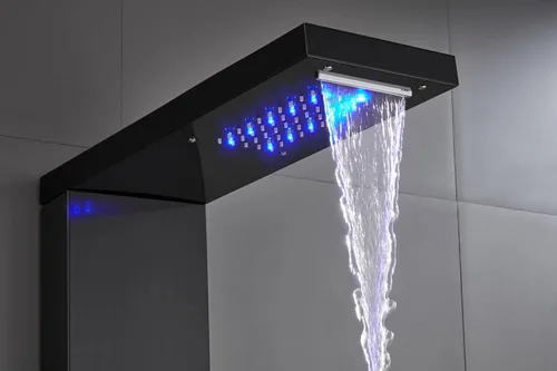 Miniatura 6 de Sistema de panel de ducha de acero inoxidable tipo torre de Ello&Allo, cabezal de LED, modo cascada o lluvia; sistema de hidromasaje con chorros