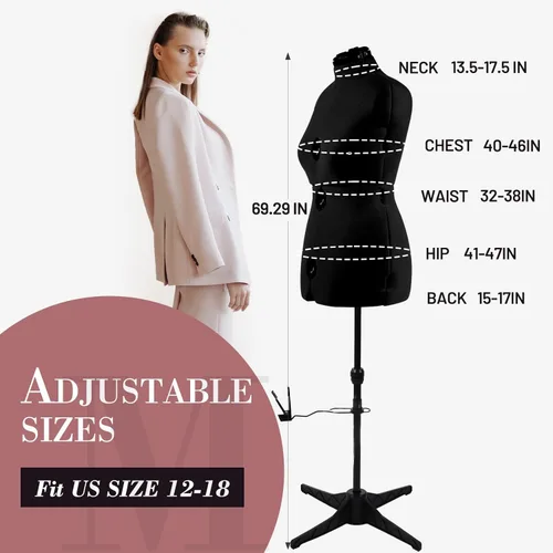 Miniatura 5 de formas de vestido para costura, maniquí femenino negro ajustable talla 12-18, cuerpo de modelo con capacidad de engrapado con 13 diales y guía