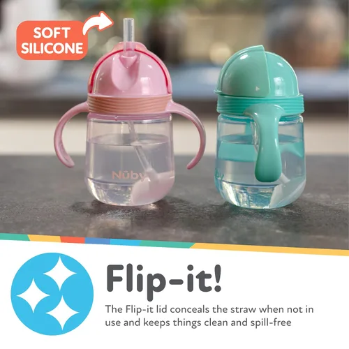 Miniatura 2 de Nuby No-Spill Clik-it - Vaso de silicona para niños pequeños (paquete de 2) de 8 onzas, vaso para sorber con popote con peso 360 para niños de 1 año