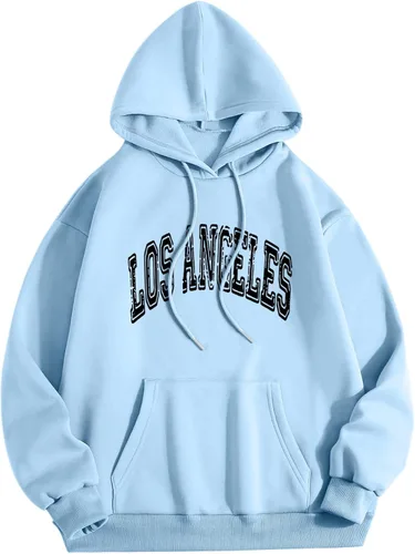 MEIBAN Los Angel Men Women Letter Graphic Hooded Print Round Neck Long Sleeve Sweatshirt Tops Swear Shirts