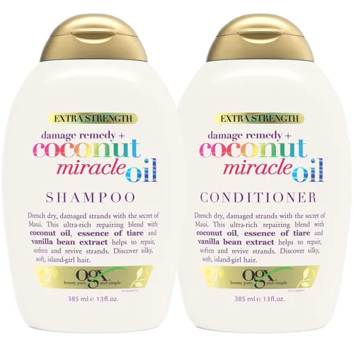 OGX Extra Strength Damage Remedy + Coconut Miracle Oil Champú y acondicionador para cabello seco, encrespado o grueso, acondicionador hidratante y