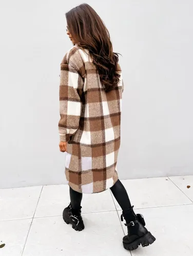 Miniatura 5 de Yousify Chaqueta larga con solapa a cuadros para mujer cepillada con botones y bolsillos